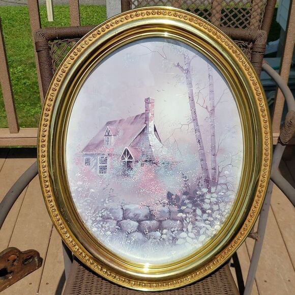 Vintage Syroco 1982 Oval Gold Plastic Picture Frame Cottage In Forest Birch Tree - Picture 1 of 8